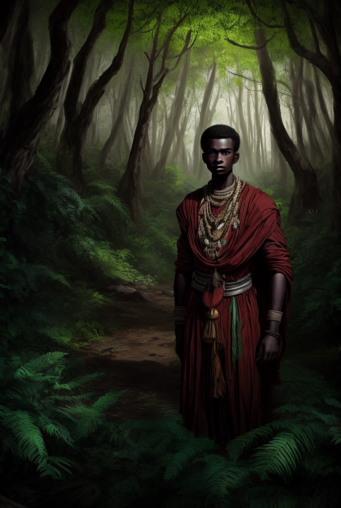 prince Tumo in the sacred forest: an image of a young african 
prince with dark, intense eyesm standing in a dens. lush forest.
he is wearing traditional royal attirem holding a mystical, glowing stone in one had.
the forest around him is eerie, with light filtering through thick leaves, realstic