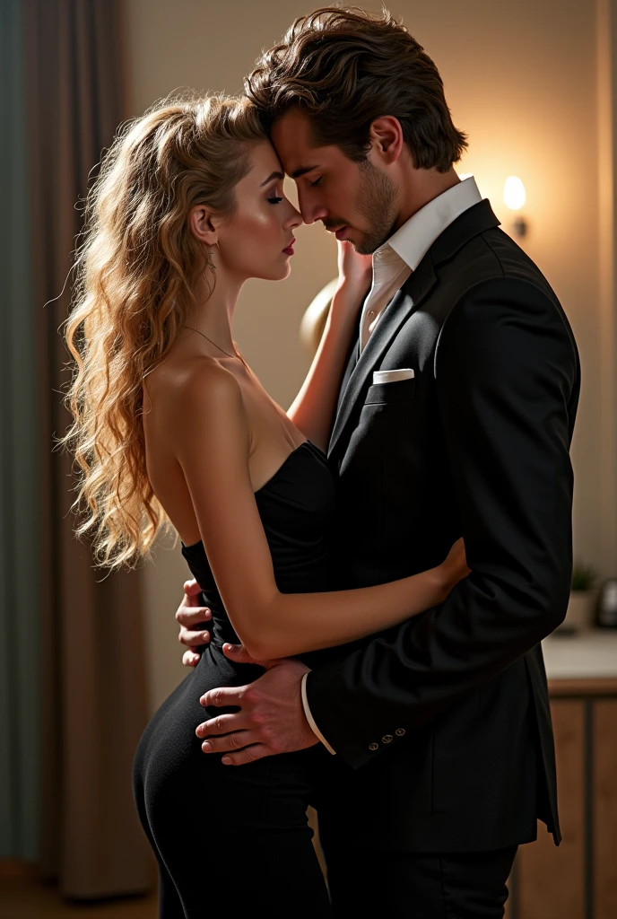 Design a book cover titled "the devil's pet" with a beautiful girl, curly blonde hair wearing a tight dress and a handsome boy with perfectly chiseled face, suit sharing a passion moment 