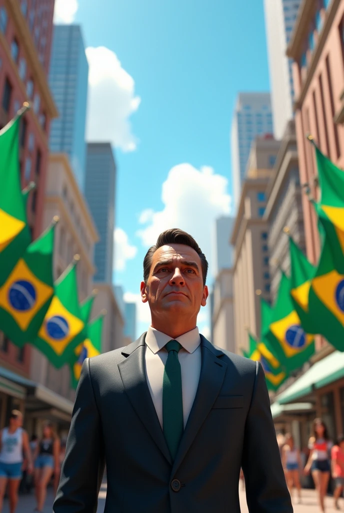 Jair Bolsonaro in city of brazil with Brazil flags 3D Animation