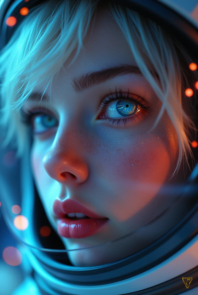 (Close-up of a better masterpiece:1.5)0.9], (Space and astronauts:1.2) (Messy silver hair:1.1) (Heterochromia xanthochromia and blue eyes:1.2) (Space Helmet:1.0) (Colored stars in the eyes:1.0) (A radiant glow:1.1) (thick lips:0.9)