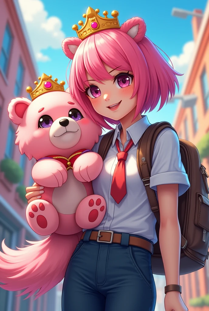 Free fire character with pink dog with teddy bear tiara and school clothes