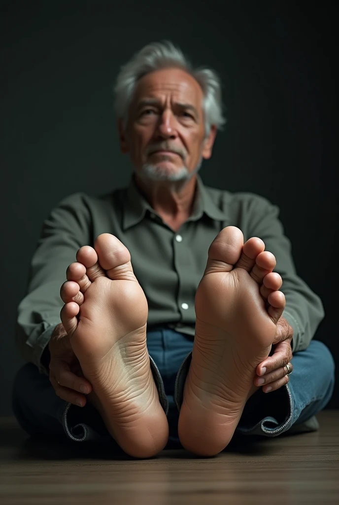 Create the image of a 50-year-old man showing the soles of his feet