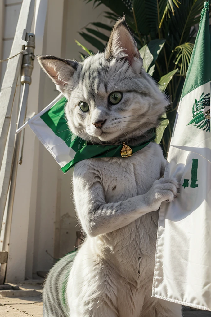 A furry character with green, white and grey fur at the ears and white inside, and that character is carrying the Egyptian flag
