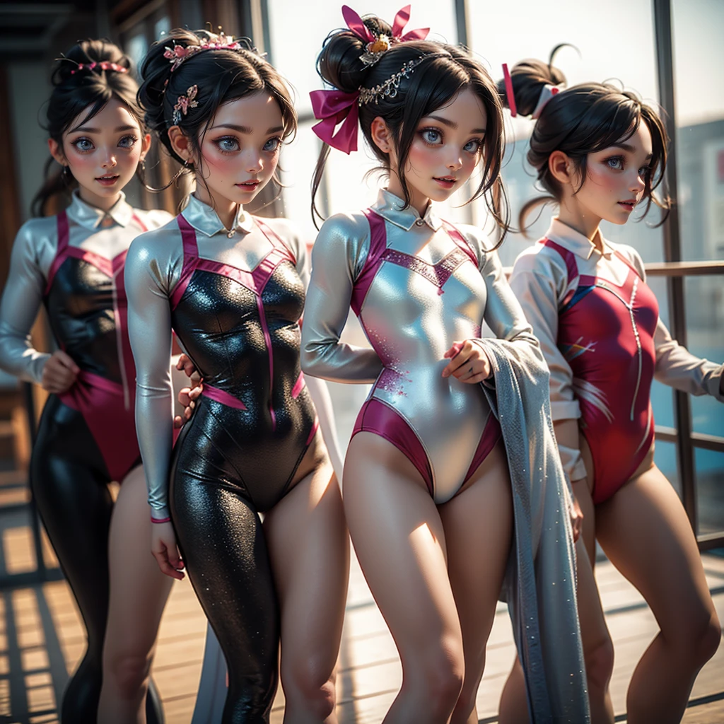 ExtremelyDetailed (((Rhythmic Gymnastics Team Kawaii Kids in a row:1.4))), Childish perfect face, Reflective Eyes, Detailed(Delicate Clothing textures), Corrected Leg to Foot Line, Corrected Perfect Hand, Dynamic Joyful Expressions LifeLike Rendering, ((Specular Reflection:1.28)), TopQuality 8K Ultra-detailed masterpiece (ProfessionalPhoto:1.37)(Acutance:0.8),(Luminism:1.22),