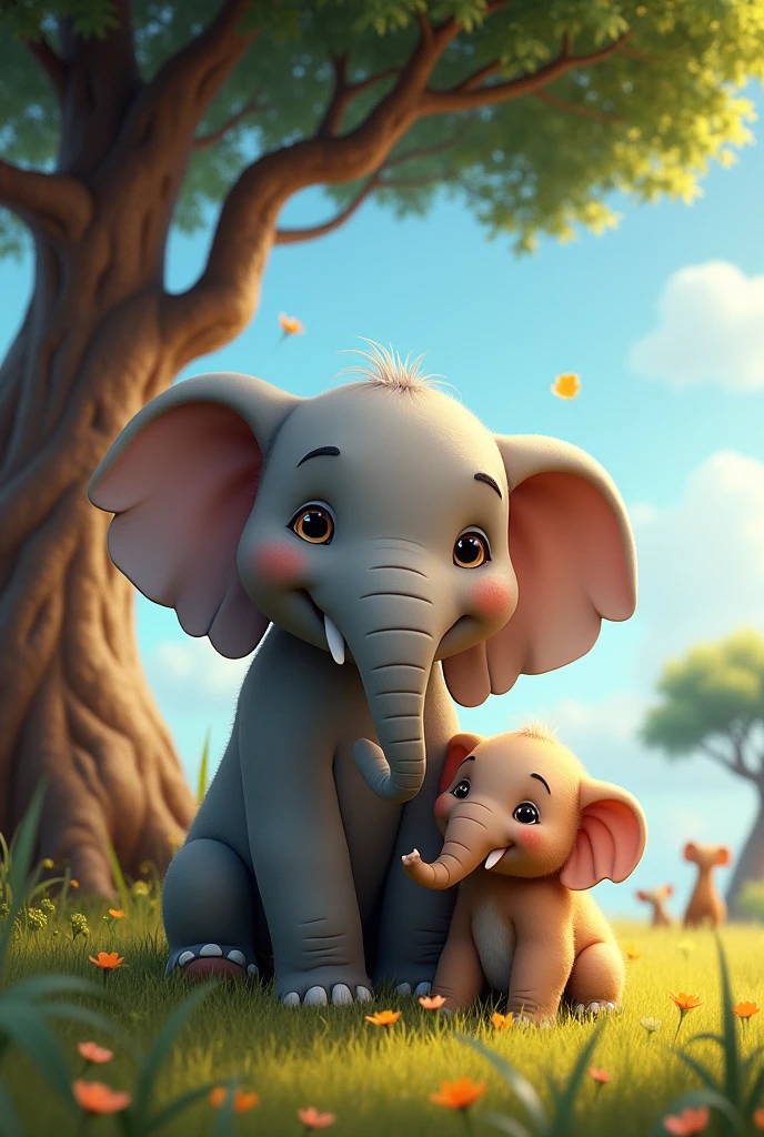 Create the image of an elephant that is surrounded by its two children, Trunk and Popcorn. Trombinha is a young and adorable elephant, hugging his father with his trunk, while popcorn, smaller, is next door, with a brave and fearless expression. The three of them are together under the shade of a large tree, with other animals in the distance watching them in awe. . The image should have a playful touch, but the elephant needs to look like an adult and the other two elephants like calves..