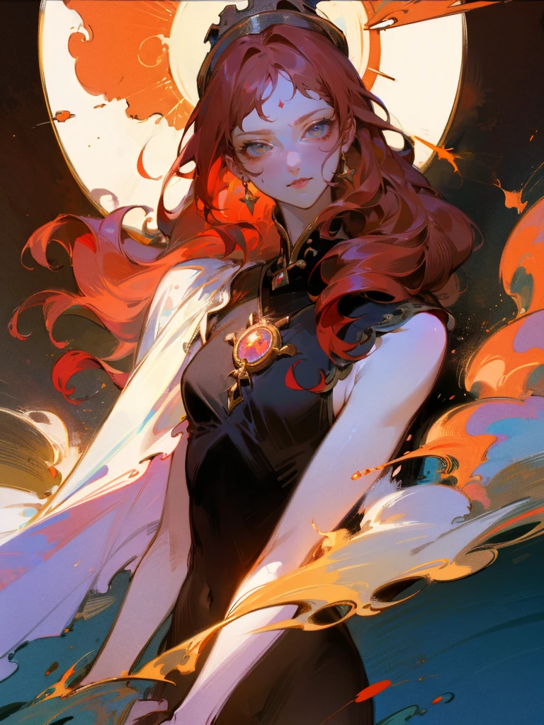 ( High quality , ultra detailed to hand ) ( careful hand ) Zodiac sign- Aries goddess , similar to latin goodness , Brave ,willful ,productive ,enterprising and humanitarian face . Moody, impulsive, impatient, assertive style . sunset reddish hair , transparent dress , in the ocean with sun , whole body , crystal fire eyes ( eye detailed ) . strong powerful make up look . Fire goddess .