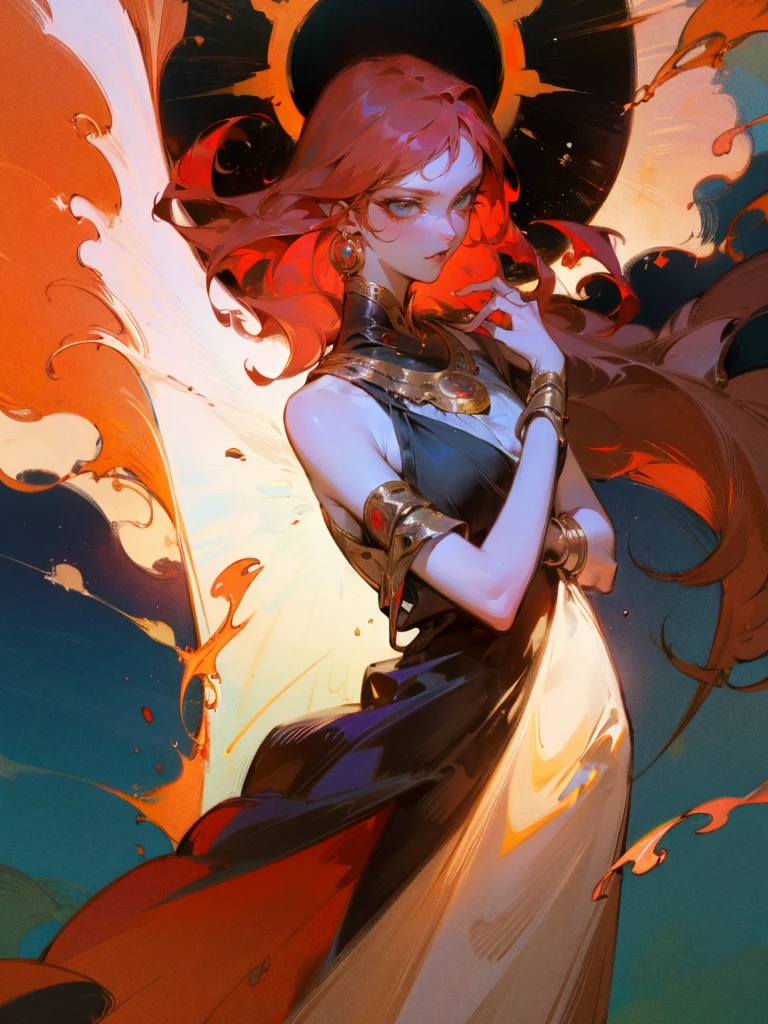 ( High quality , ultra detailed to hand ) ( careful hand ) Zodiac sign- Aries goddess , similar to latin goodness , Brave ,willful ,productive ,enterprising and humanitarian face . Moody, impulsive, impatient, assertive style . sunset reddish hair , transparent dress , in the ocean with sun , whole body , crystal fire eyes ( eye detailed ) . strong powerful make up look . Fire goddess .