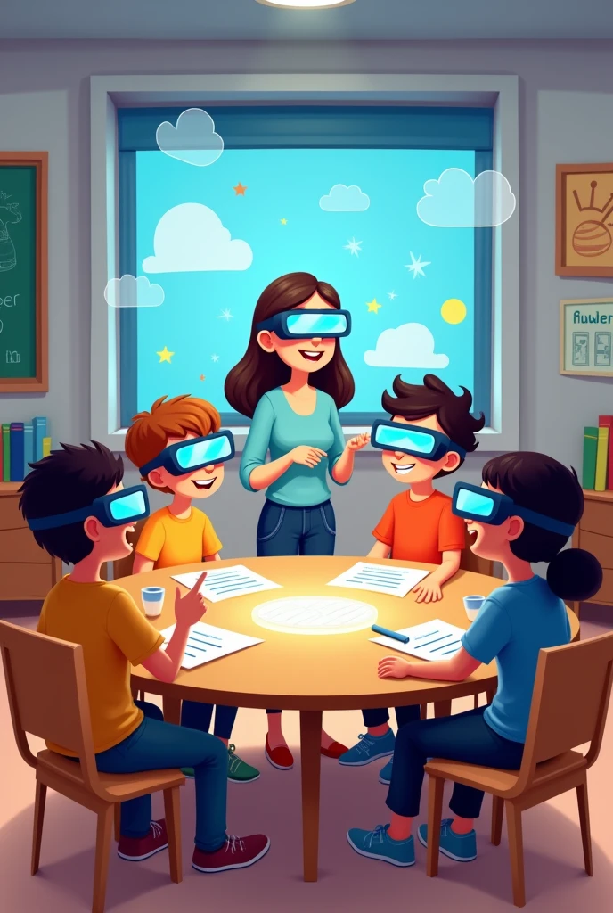 Students sitting in front of teacher at round table with augmented reality glasses on in cartoon