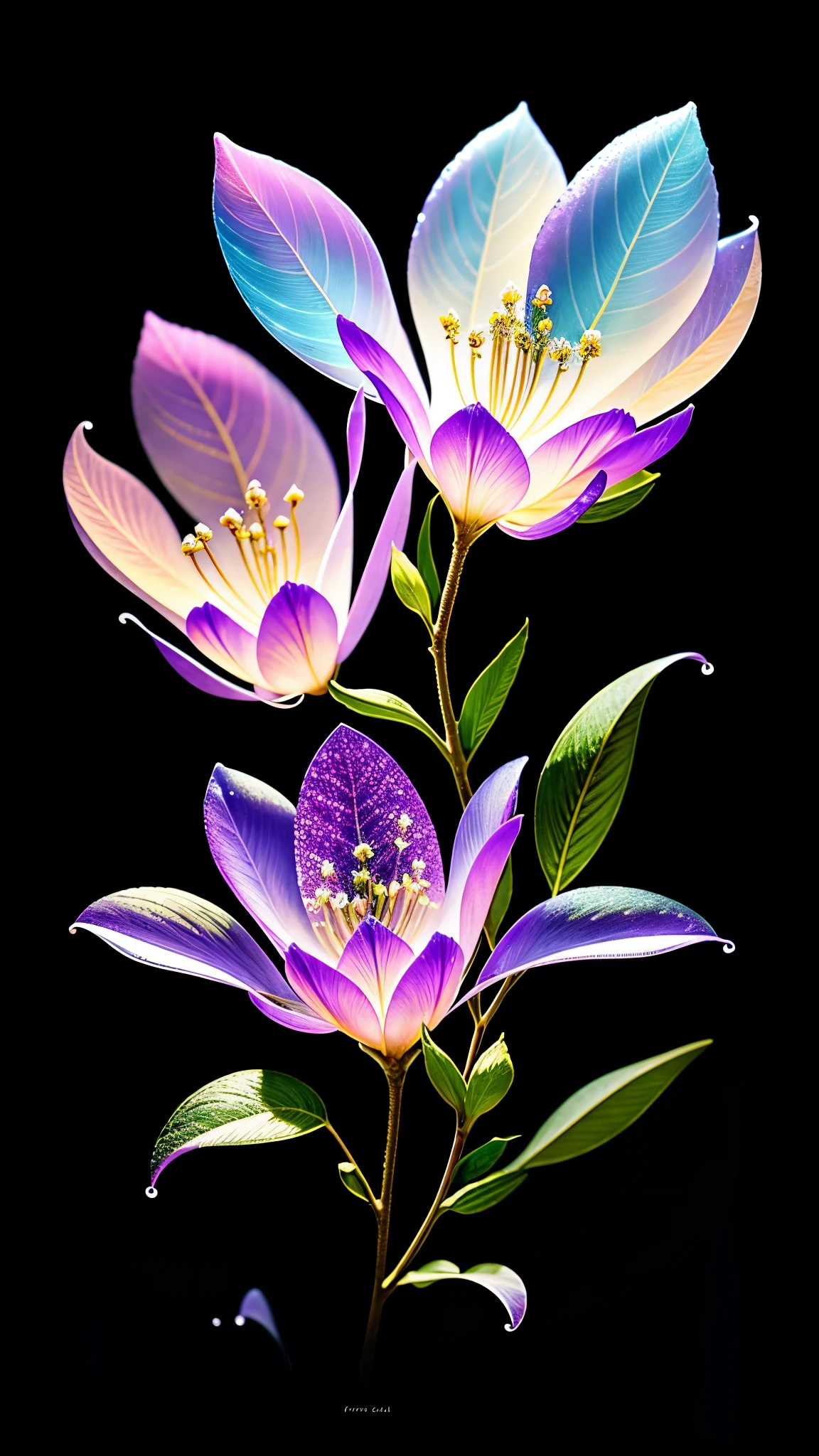branch of delicate lilac flowers, super transparent, holy light, beautiful spectral light, petals glow, flashing, dark background, drops of transparent light, reflective light, bright, light streaming in, optics, portrait profile, sharp focus, magical, intricate, ultra realistic, fantasy, composition, light, trend on artstation, pearl, patronus cloud of silvery vapor, corrosive enveloping ray family, 8k, ureal ar 23v4 uplight