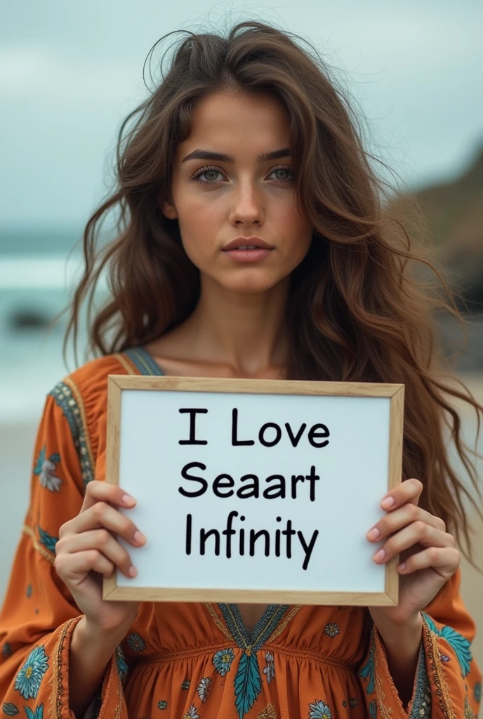 Beautiful girl with wavy long hair, bohemian dress, holding a white board with text "I Love Seaart Infinity" and showing it to the viewer