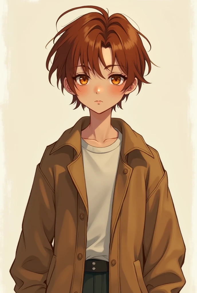 Character design sheet androgynous boy auburn brown hair caramel colored skin orange eyes wearing a brown canvas jacket