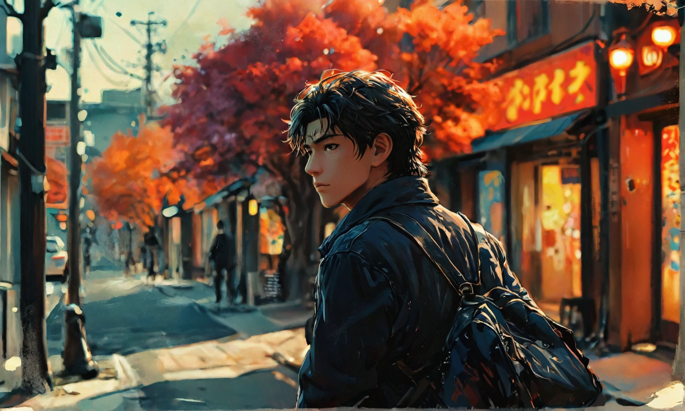 A MAN SEEN FROM THE BACK WALKING DOWN THE STREET AT SUNSET,manga style art,manga style art,manga style art,manga style art