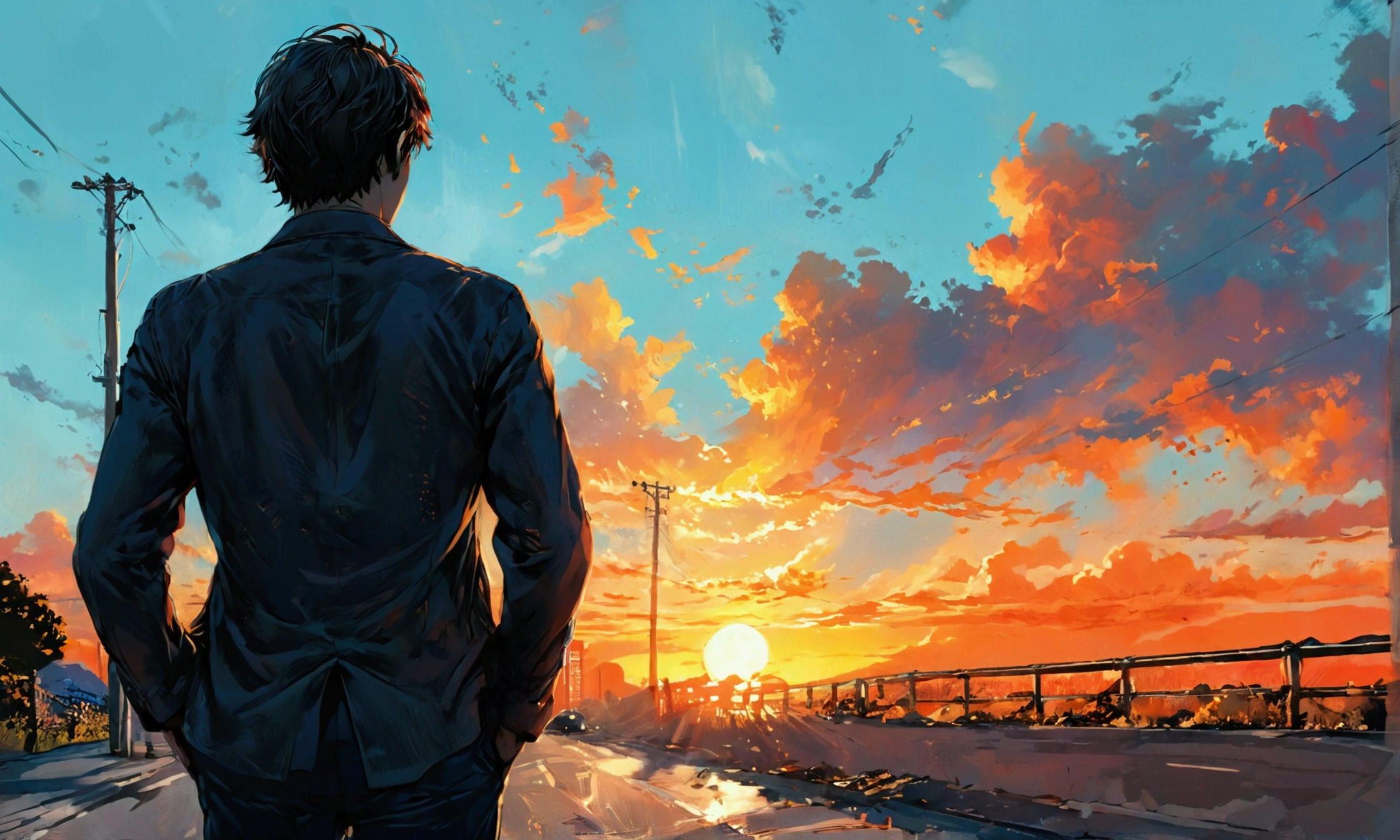 A MAN SEEN FROM THE BACK WALKING DOWN THE STREET AT SUNSET,manga style art,manga style art,manga style art,manga style art
