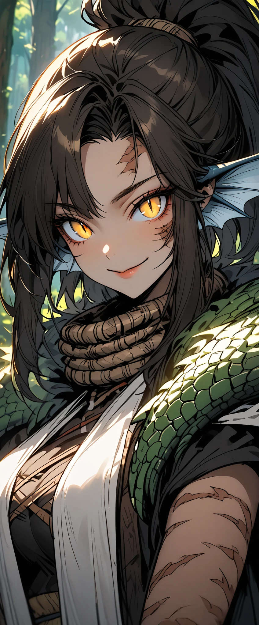 solo, female, tall, fit, broad shoulders, fit, light fair skin, long brown ponytail, scars, scar on face, yellow eyes, slit pupils, head fins, broad shoulders, scales on forearms, scale hands:1.3, forest, wood cabin, day, smile, close up, crocodilian tail, fur collar cape, close up, adventurer, tribal warrior, large breasts:0.3