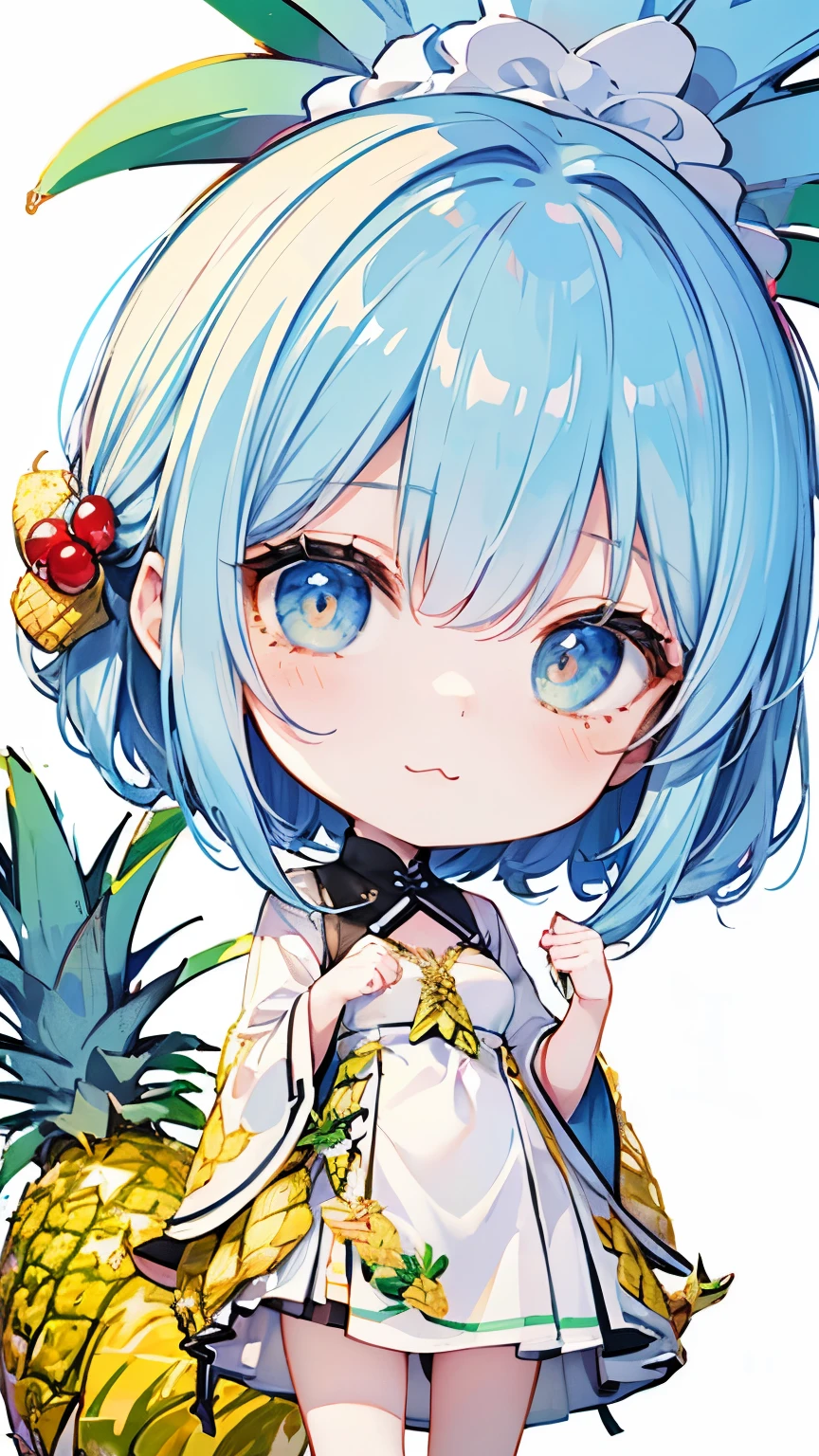 ((style:Colored pencil,pale colour)),(Chibi animation、One Chibi、masterpiece、Colored pencilで描かれた:1.2)、(Chibi Body、Small face、Cute all over、Light blue hair color, Short chignon hair:1.4),(Highly detailed eyes、Golden Eyes、Breast enlargement、Gloss Lip、 :3, Ahoge, Very thin legs)、(Big fresh pineapple:1.5)、(A young girl&#39;s summer vacation memories、Robe Swimsuit、Trendy clothing、sit、 Soft thighs:1.5),(tsunami、Beach Bragg、Highly detailed art gems:1.4)、(Anime portrait of Cirno, Anime Lori, Mikudayo, Moe, pixiv daily ranking:1.3)
