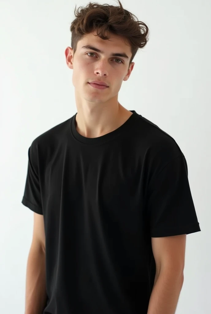 Young man wearing plain black unisex t-shirt, on a white background 