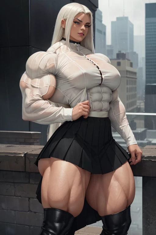 ((Close-up)), tall, (White hair) beautiful muscular woman, long straight hair, light brown skinned, closed smile, (black lipstick), (massive muscles), (hyper muscle), (ginormous bulky muscles), blue eyes, ((long sleeve white pleated shirt)), ((long black pleated skirt)), choker, boots, (on a raining rooftop),