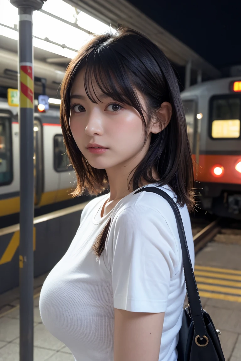 8k、Highest quality、masterpiece、Ultra-high resolution、picture、Beautiful Japanese Women、Elegant、good、Moisture beauty、Eyes far apart、Transparent atmosphere、Beautiful Face、The corners of the mouth turn up、Gradient lighting、One Girl、Delicate skin、Looking into the distance、Brown eyes、Large breasts、(Realistic:1.4)、(Highest quality:1.0)、(Ultra-high resolution:1.0)、8k、RAW Photos、(Pure Eros Face_v1:0.5)、Plain Lettuce Trim Rib Knit T-Shirt、Short sleeve、Round neck、Cap Sleeve、gender、tight、What can I do for you?、Look Away、Complete darkness、theme、Tilt、Look at this、トートbag、bag、bagのバンドは右肩から左肩にかけてあります、The night deepens、Big butt、Chubby、Sweep your bangs to the side、Trim your hairstyle、Eye to eye、Moisture beauty、Subway Station、A train is running behind you,SLR、The wind is blowing、