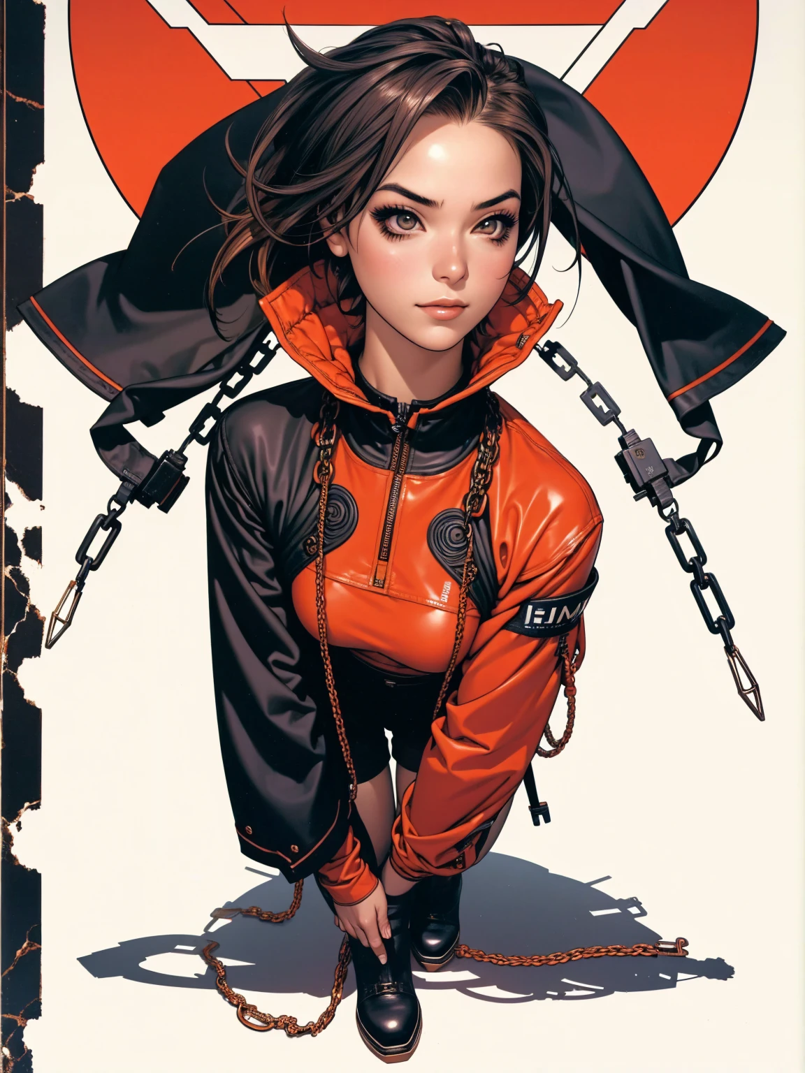(((best qualityer))), (((manga strokes))), a young girl beautifully dressed in modern winter clothes, pants with red and black zig-zag pattern, top gift vertical stripes, short jacket with dark fur collar, beautiful and expressive face, slightly-smile, big eyes with long black eyelashes, heavy make-up, chains and zippers spread across clothes, contrasting colours, pose de atitude, hair with a modern and futuristic cut, urban game poster art, dramatic camera angles, graffiti art elements in the background, design mixing contemporary and retro by Shepard Fairey, (((full body)))