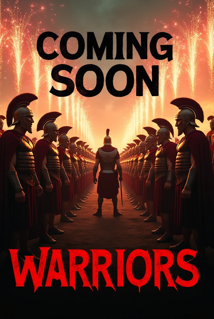 A photo of the Roman army with the word COMING SOON in black with fireworks, and the word WARRIORS in red