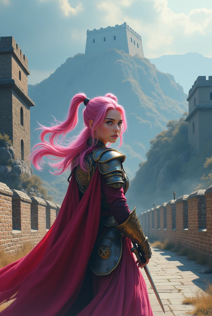 Ramparts、Ramparts、Great Wall、Girl with pink hair、battle、blue eyes、Twin Drill、A scene from a movie, whole body、Landscape painting
