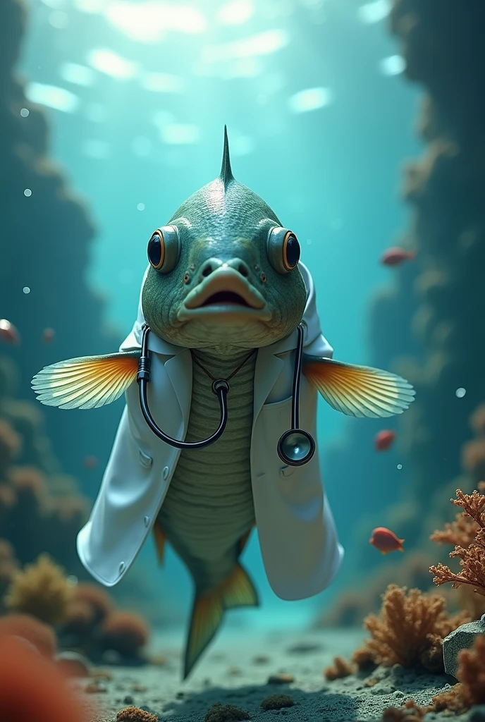 An underwater image of a fish wearing a lab coat and stethoscope going to the underwater lab every day , I want the image to be realistic