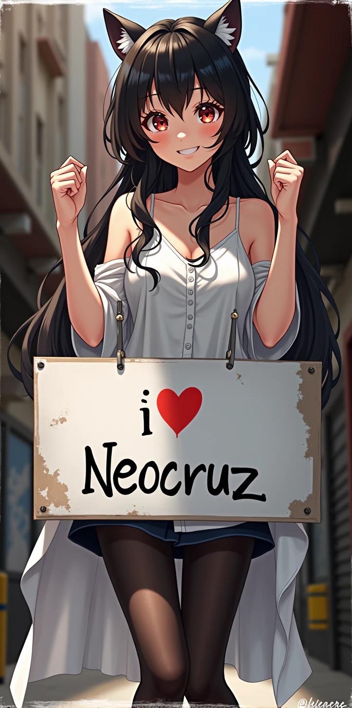 a beautiful and cute woman (cabello largo negro, flequillo, orejas de gato, ojos rojos, coletas) holding up a sign "i love Neocruz", joyful, happy, anime illustration, photorealistic, oil painting