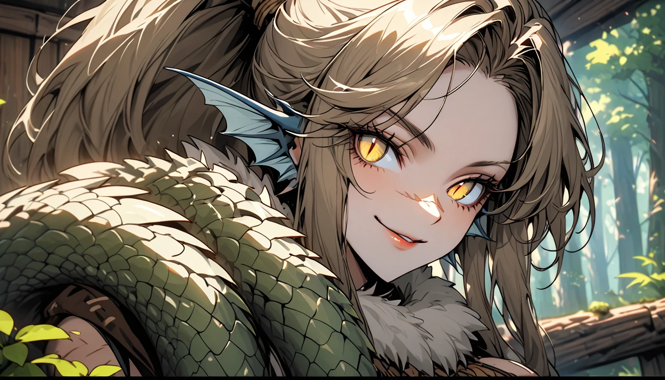 solo, female, tall, fit, broad shoulders, fit, light fair skin, long brown ponytail, scars, cut scar on nose, yellow eyes, slit pupils, head fins, broad shoulders, scales on forearms, scale hands:1.3, forest, wood cabin, day, smile, close up, crocodilian tail, fur collar cape, close up, adventurer, tribal warrior, large breasts:0.3, pinup pose