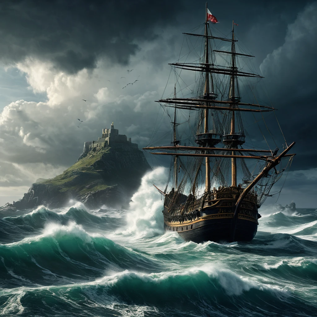 Create a dramatic and intense AI-generated image inspired by “Os Lusíadas” by Luís de Camões. The scene should depict a stormy ocean near the Cape of Good Hope, with towering waves crashing against a fleet of Portuguese caravels led by Vasco da Gama. In the background, rising ominously from the turbulent waters, is the colossal figure of Adamastor, a menacing giant with a sorrowful yet wrathful expression. His form should blend with the stormy clouds and the rugged landscape of the Cape, symbolizing his curse. The caravels are struggling against the powerful winds and waves, sails torn and crew determined, highlighting the peril of the journey. The overall tone should be dark and atmospheric, capturing the epic nature of the scene with a sense of both danger and awe.