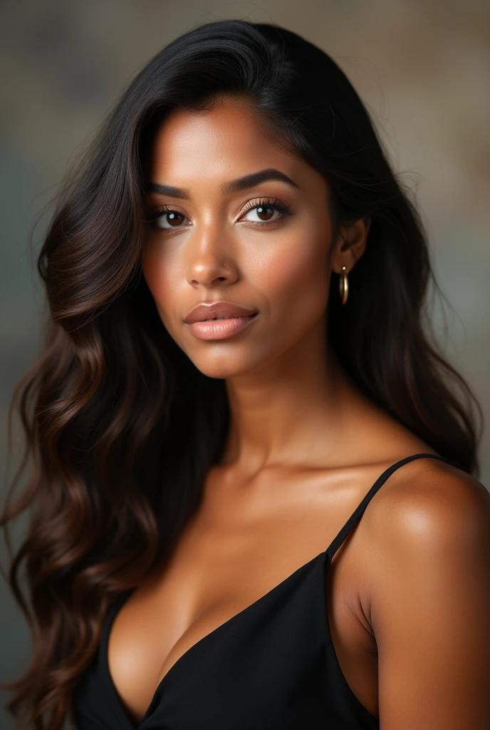 School portrait photograph of a gorgeous half Spanish and half black woman, in her 30s, chocolate brown hair, long wavy hairstyle, hazel eyes, down turned eyes, caramel skin tone, straight nose, heart shaped face, full lips, large breast
