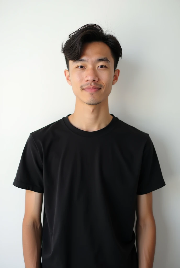 Young man wearing plain black unisex t-shirt, on a white background
