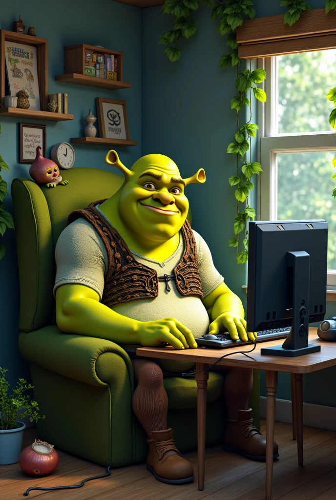 Shrek plays on his pc
