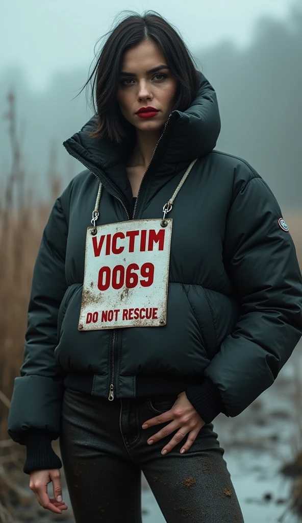 woman, bib "VICTIM 0069 DO NOT RESCUE", moncler ultra-short sporty collar only down jacket, muddy flared jeans, stuck in mud bog,pale ethnic patterns ritual makeup, cold, red lips, sexy posing, bob haircut, red fog, black, posing