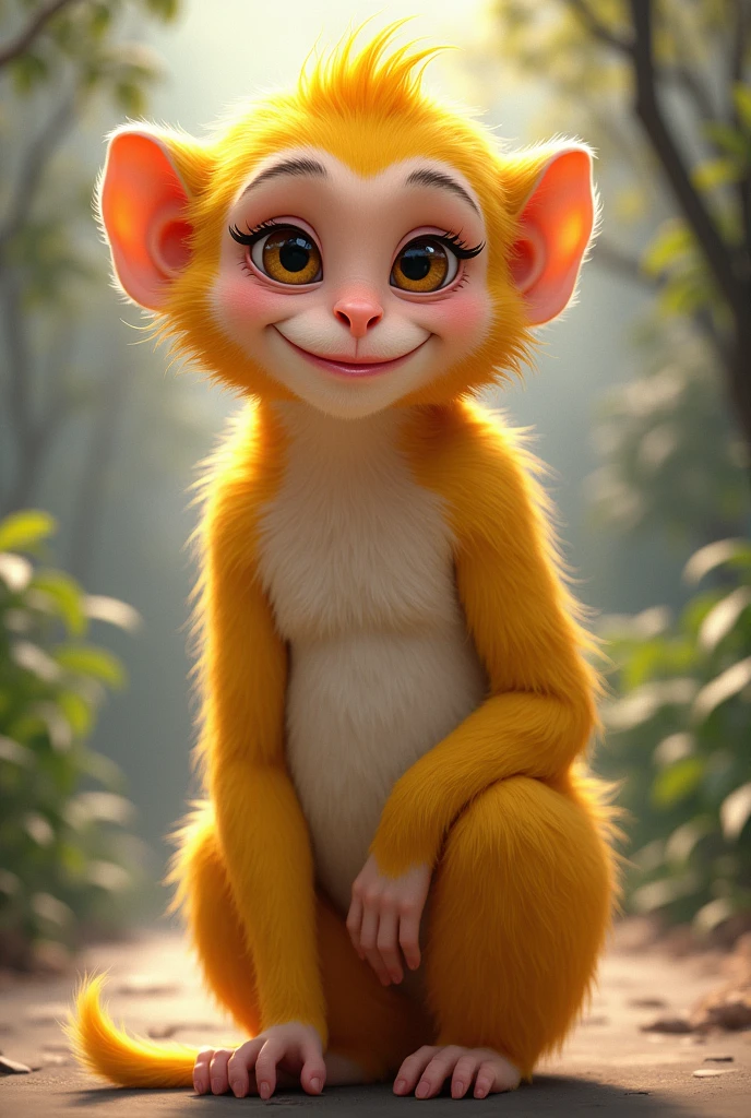 A female carayà monkey, the females have yellow hair. For comic book character. realist. HD. . Humanized. without breasts. full body. More of a cheeky face. More and innocent. A little bit fatter. and happy 