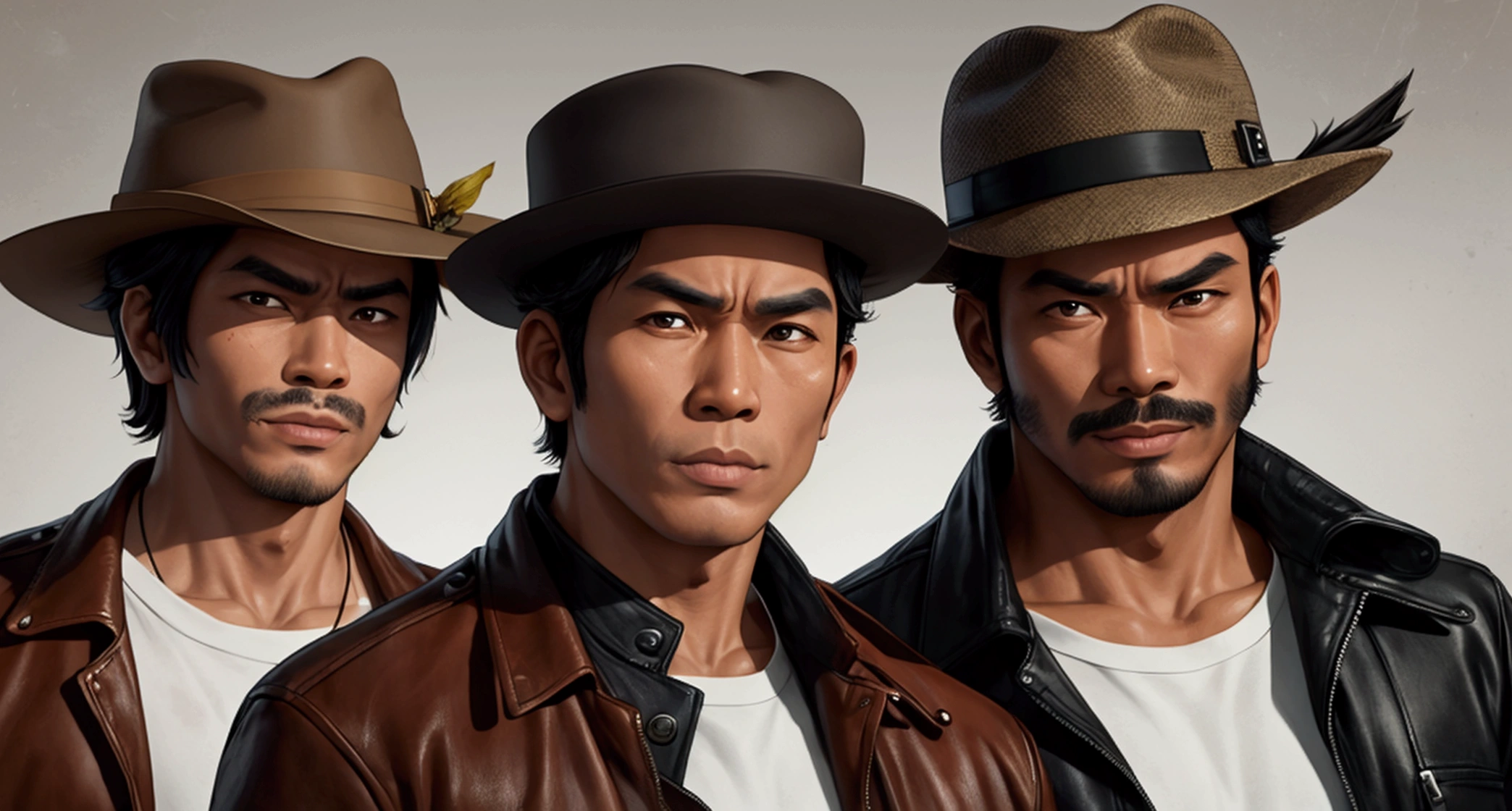 TWO MALE Indonesian Batak private detectives, Bang Olop & Alogo. Bang Olop is 45 years old, he has black hair, thin beard, strong jawline, sharp eyes, tanned skin, and smokes a cigarette. Alogo is 22 years old, he has fair skin, narrow beautiful eyes, sweet smile, and a handsome face. They pose like the characters in the Skiptrace movie poster with silly expressions. Bang Olop wears a brown leather bomber jacket and a detective hat, while Alogo wears a casual shirt. Close-up shot.