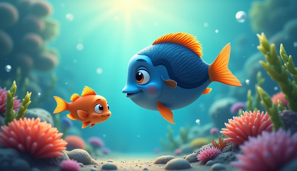 Create a serene underwater scene featuring a wise and powerful mama fish observing her baby. The mama fish should be depicted as majestic and strong, with an elegant and protective demeanor. She has a slightly larger and more vibrant appearance compared to the baby fish, showcasing her strength and wisdom. The baby fish should appear curious and playful, swimming close to the mama fish. Include gentle, soft lighting that filters through the water, creating a calming and nurturing atmosphere. Surround them with colorful coral reefs and aquatic plants, adding a touch of vibrant marine life to the scene. The background should be a gradient of soothing blues and greens, with a few tered, delicate bubbles to enhance the underwater setting. Ensure the mama fish's eyes convey a sense of watchfulness and care, while the baby fish's eyes reflect innocence and wonder. The overall composition should evoke a feeling of tenderness and safety, highlighting the strong bond between the mama fish and her baby in their natural, peaceful environment.