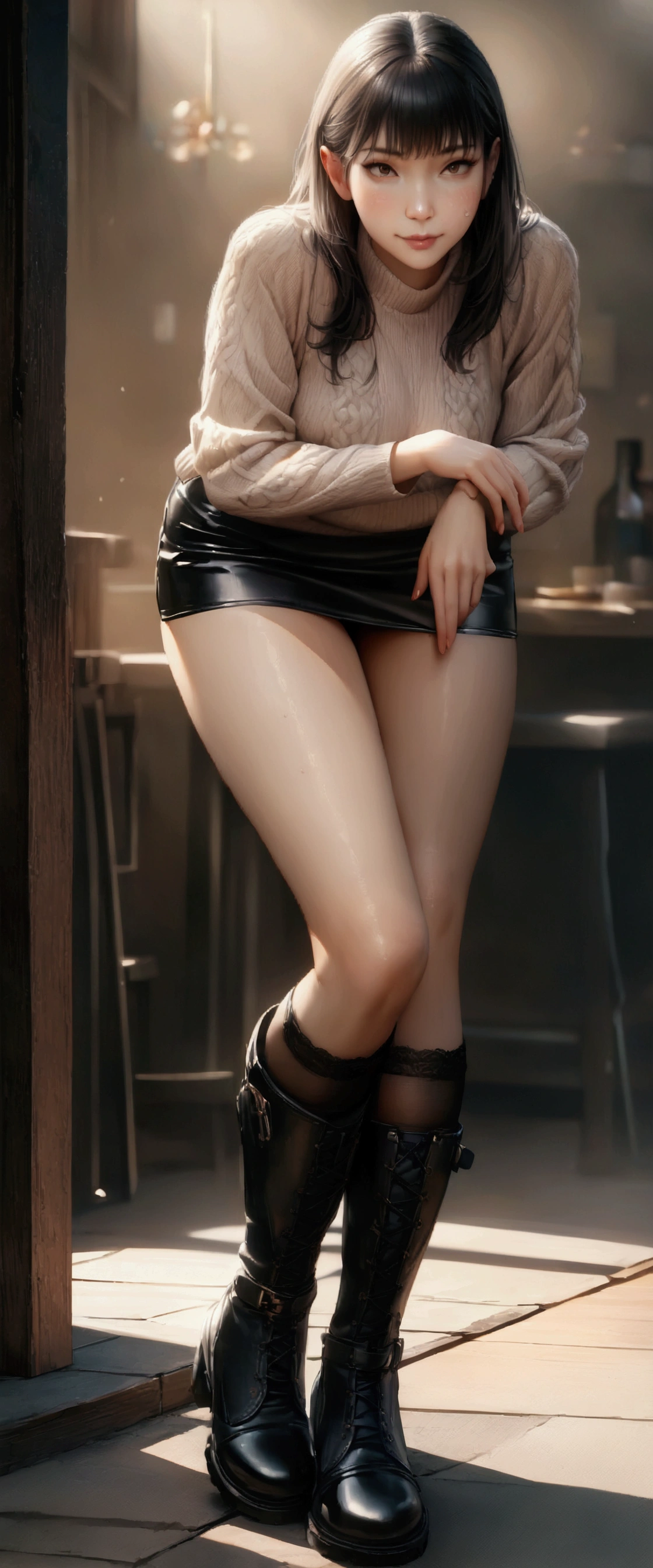 (Random Porn Pose),(Best image quality,(8k),Ultra-realistic,最high quality, high quality, High resolution, high quality texture,High detail,Beautiful details,Fine details,Highly detailed CG,Detailed Texture,Realistic facial expression,masterpiece,Presence),sweater,Tight mini skirt,stockings,Engineer boot