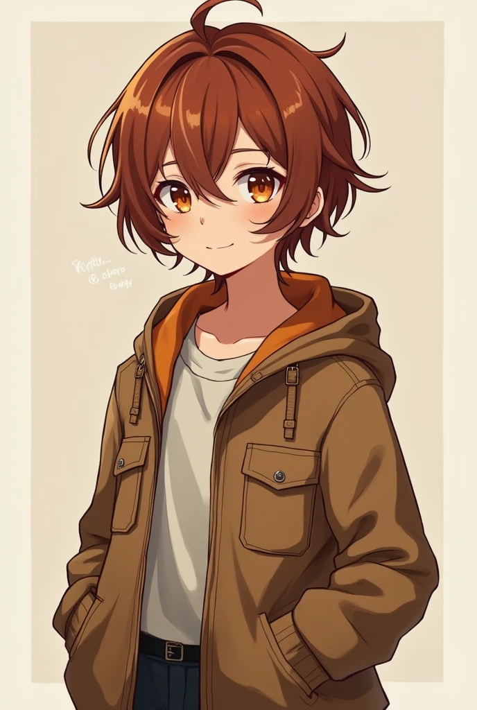 Character design sheet androgynous boy auburn brown hair caramel colored skin orange eyes wearing a brown canvas jacket not anime