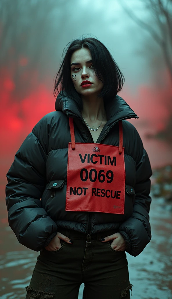 woman, bib "VICTIM 0069 DO NOT RESCUE", moncler ultra-short sporty collar only down jacket, muddy flared jeans, stuck in mud bog,pale ethnic patterns ritual makeup, cold, red lips, sexy posing, bob haircut, red fog, blue, green, posing