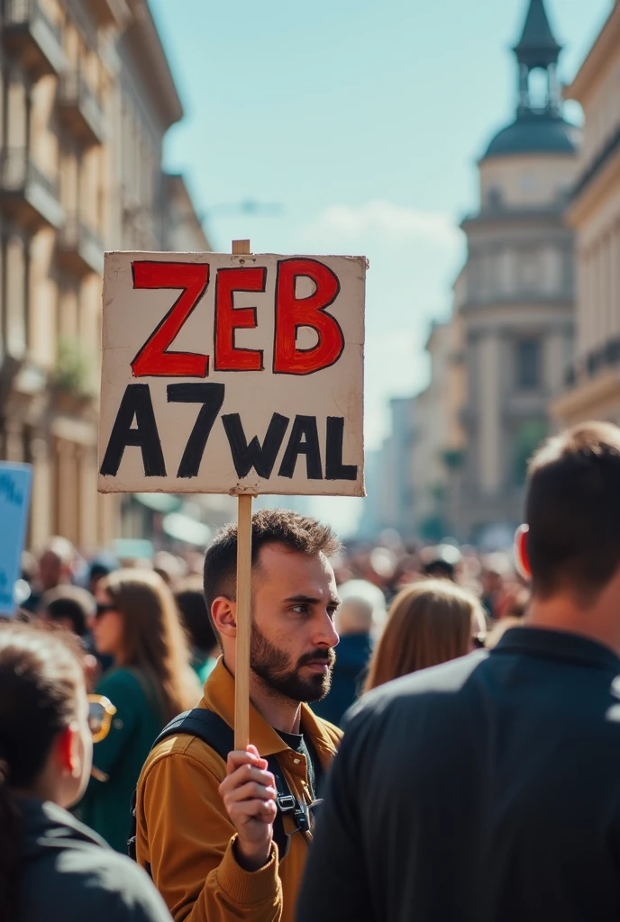 a man holding a sign saying "Zeb A7wal"