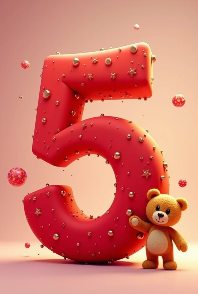 Number 5 in red with an animated teddy bear 