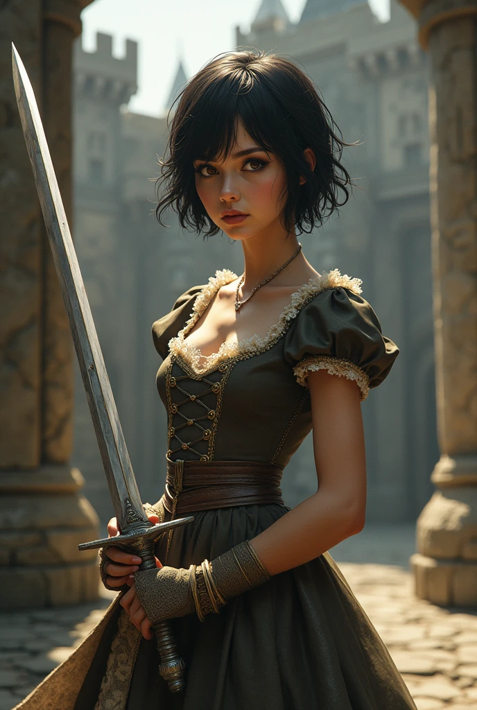(medieval princess) (vintage dress )  castle background ( short straight messy black hair dark brown eyes)  ( sword in his hands )  ( challenging look) ( somewhat dirty) 