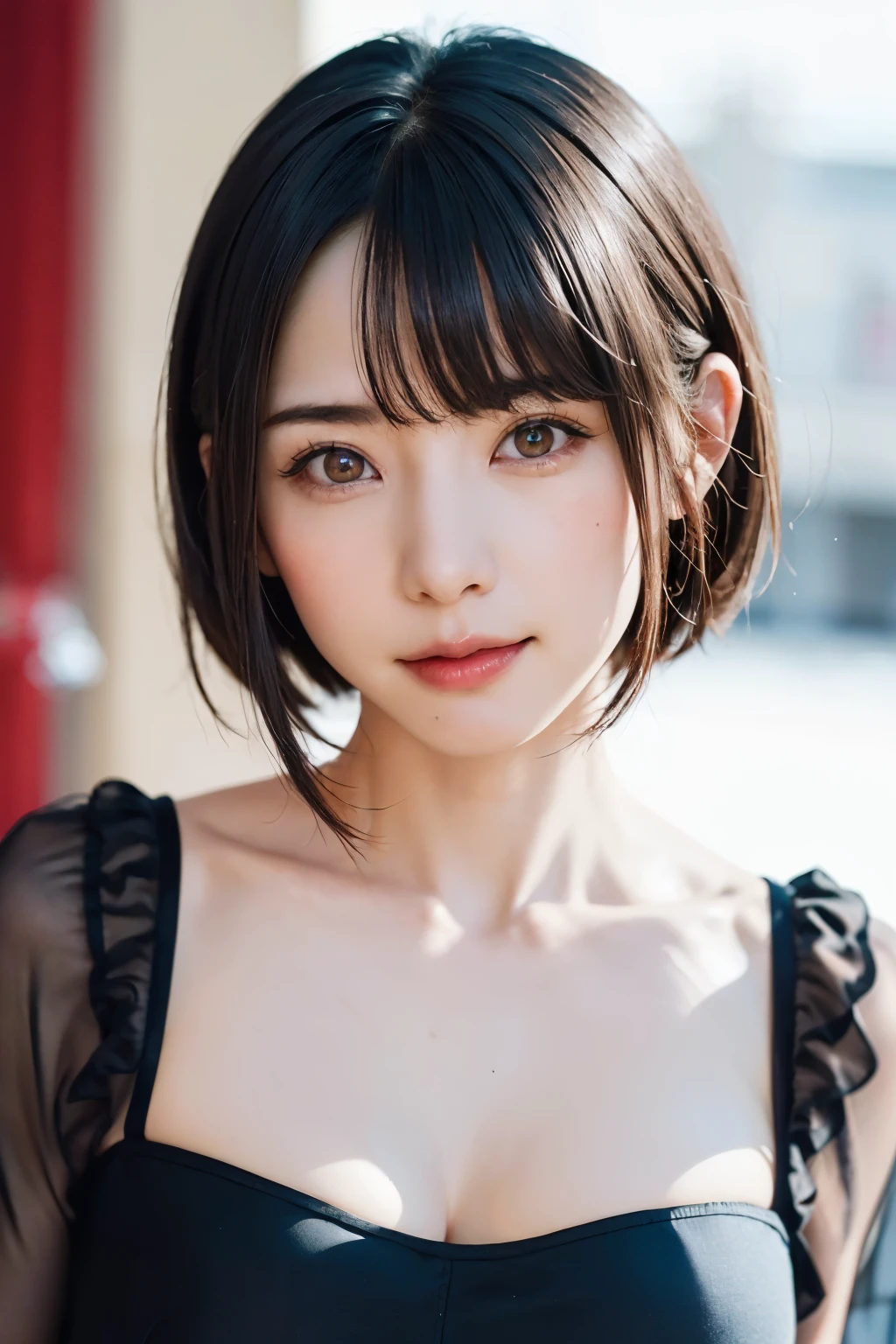 (masterpiece, Highest quality、Realisticに全てを詳細に美しく描画する、Very attractive adult beauty、Add strong highlights to the eyes、Look closely at the camera:1.4、A beautiful woman with mature charm、Ideal body type、Perfect Anatomy、Short Brunette Bob、Shiny Hair、Lip gloss),One Girl, alone, 明るい茶色のShiny Hair, scarf,Realistic, Looking at the audience、Please tilt your head a little, Bright colored crystal light blue eyes, 短いShiny Hair、 chestの中央に穴が開いた白いタートルネックの服,chestの真ん中に丸い穴が開いたセクシーな白いタートルネックのニットセーター、chestの谷間を見せる、 Beautiful glossy lips, Lip gloss,prohibit, Upper Body、Big eyes、eyelash、Face is a little red、Embarrassing)、((Italian road system in winter))、((Short hair with bangs、Big eyes、Give students a very strong highlight、{Hugeな|big|Hugeなな|Mega} chest:2、とてつもなく大きなchest:2、Gazing at the audience、Very beautiful beauty、Listen carefully、Beautiful glossy lips、Long neck、Laugh a little、Beautiful Teeth、Laughing with your mouth open、Heart-shaped pupils))、28 years old、Very cute supermodel、{Huge|big|Hugeな|Mega} chest, chestの谷間、A very picturesque background、Beautiful out-of-focus background、A wonderful sexiness that is full of dignified charm、Very attractive style