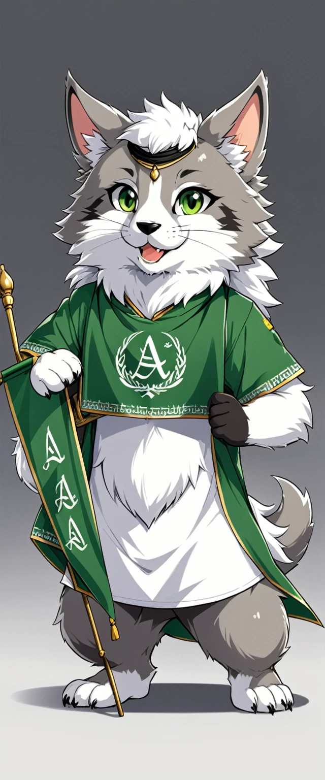 A furry character with green, white and grey fur at the ears and white inside, and that character is carrying the Furry Arabic A4A flag 