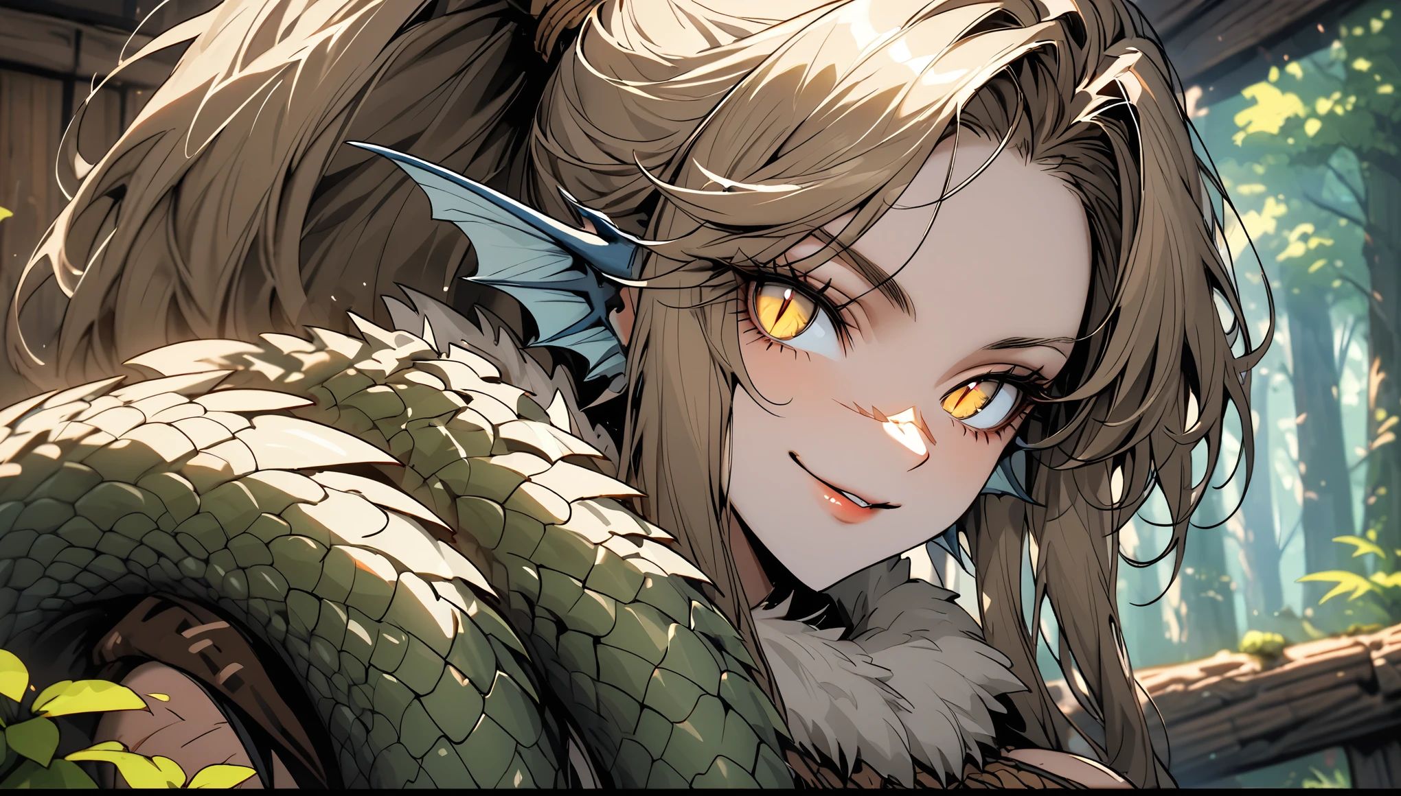 solo, female, tall, fit, broad shoulders, fit, light fair skin, long brown ponytail, scars, cut scar on nose, yellow eyes, slit pupils, head fins, broad shoulders, scales on forearms, scale hands:1.3, forest, wood cabin, day, smile, close up, crocodilian tail, fur collar cape, close up, adventurer, tribal warrior, large breasts:0.3, pinup pose