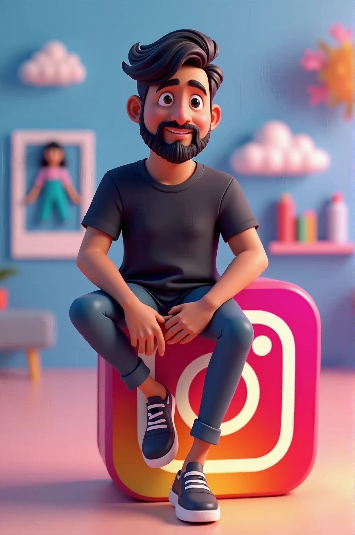 Create a 3D illustration of an animated Indian character with glasses sitting casually on top of a social media logo "instagramart". The character must wear a black t-shirt, caBelos curtos e ondulado, darkskin, slightly slanted eyes, is a little overweight, BarBa e segurando um iPhone. The background of the image is a social media profile page with the username "d.B.fotogeafo" and a matching profile photo.