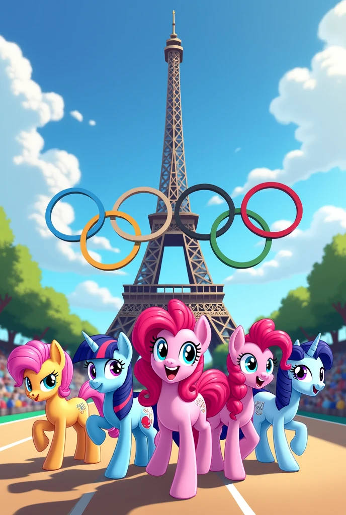 Twilight Sparkle, Pinkie Pie, Rarity, Applejack and Rainbow Dash from My Little Pony at the Paris Olympic Games with Eiffel Tower with Olympic rings in background 2D Animation