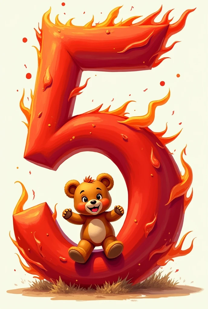 Number 5 in red with an animated teddy bear 