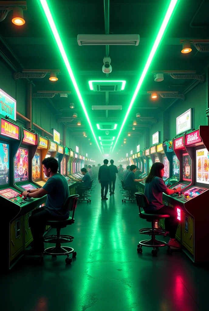 AN ARCADE WITH BLACK AND GREEN LIGHTS THAT FORM 19K