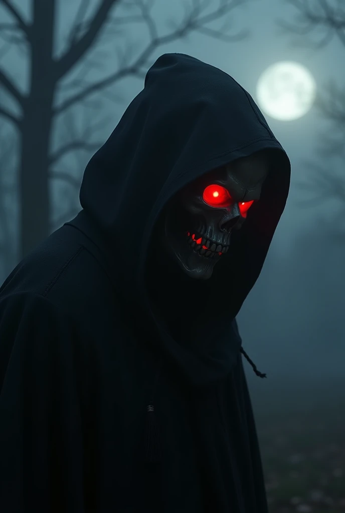 Creates a terrifyingly detailed and realistic depiction of the very angry, angry hooded figure of Death with a subtle but terrifying red light before his profile perspective eyes. The scene is expected to feature a black silhouette with an angry skull This sinister figure It should be placed in the context of a very dark foggy night poorly illuminated by the cold moonlight accompanied by fog. The image should radiate a sinister and chilling atmosphere. Use Octane rendering to capture realistic textures and lighting. The resolution should be a stunning 8K, ensuring extraordinary clarity and precision when portraying the sinister aspect of Death that should convey terror and suspense.